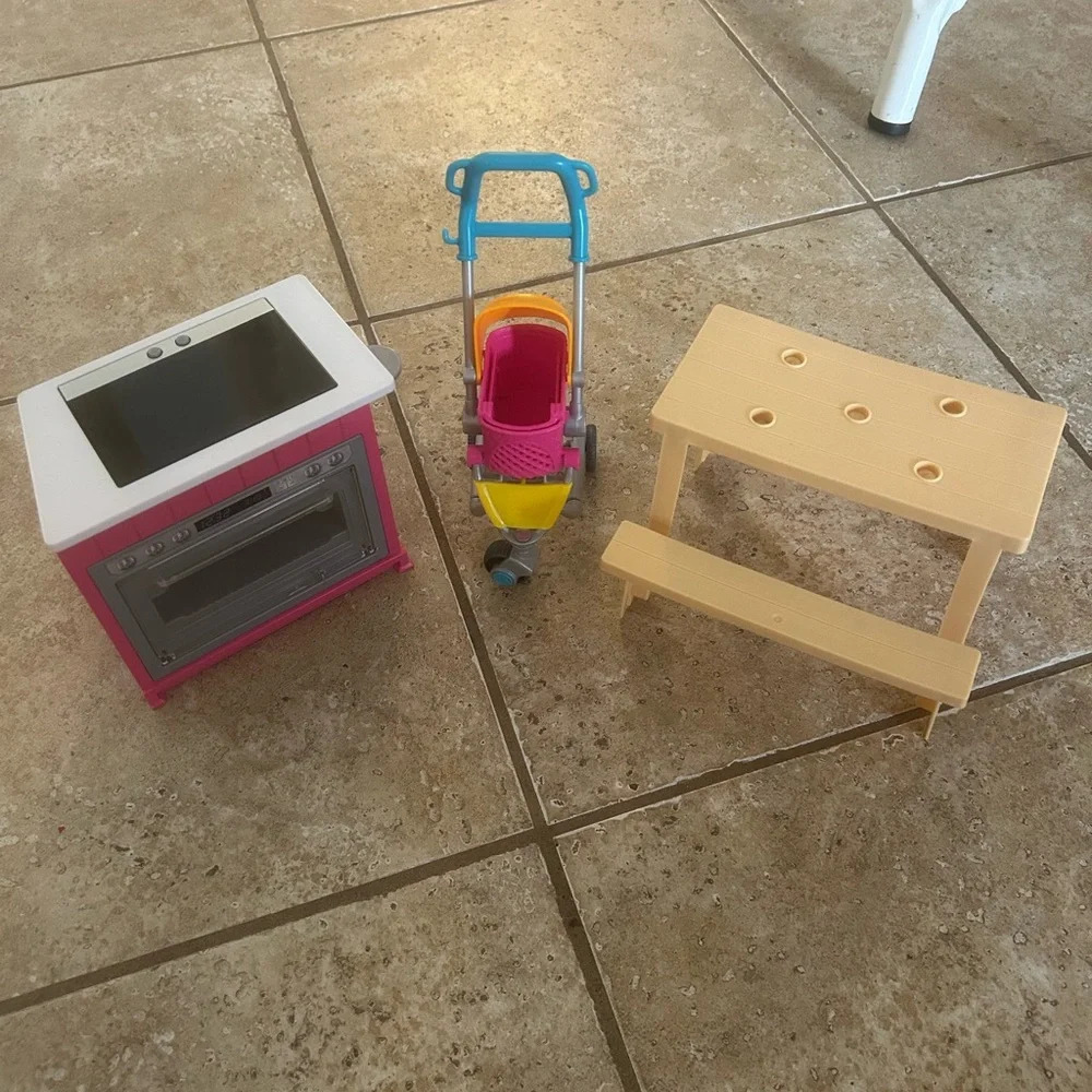 Barbie Lot of picnic table, dog stroller, oven
